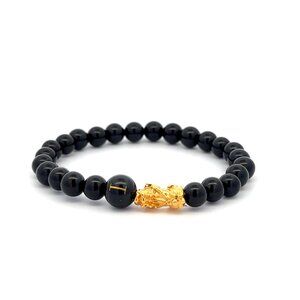18K Gold Pixiu Piyao Bracelet Gemstones Onyx 6mm Elastic Bracelet Letter I